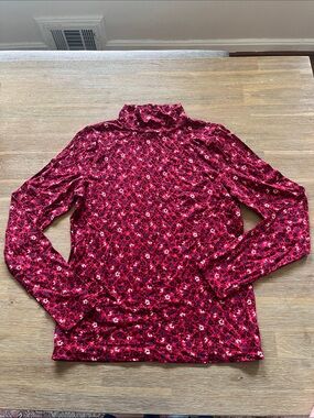 LOFT Red Floral Mock Neck Long Sleeve Tee